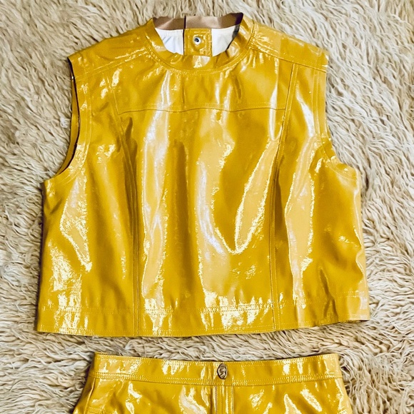 1960s-Style Bright Yellow Two-Piece PVC Miniskirt Outfit - Picture 1 of 7